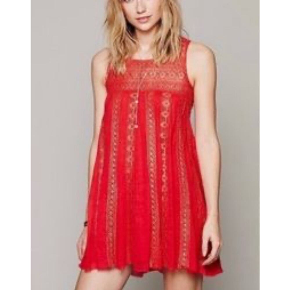 Free People Size XS Tunic Mini Dress Lined Red Gold Shimmer Z133